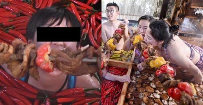 原來酒池肉林都是真的!正妹泡入超奢侈火鍋大口吃肉!網反罵爆:噁心死了