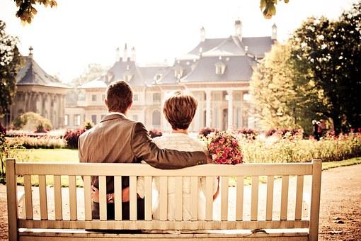 Couple, Bride, Love, Wedding, Bench